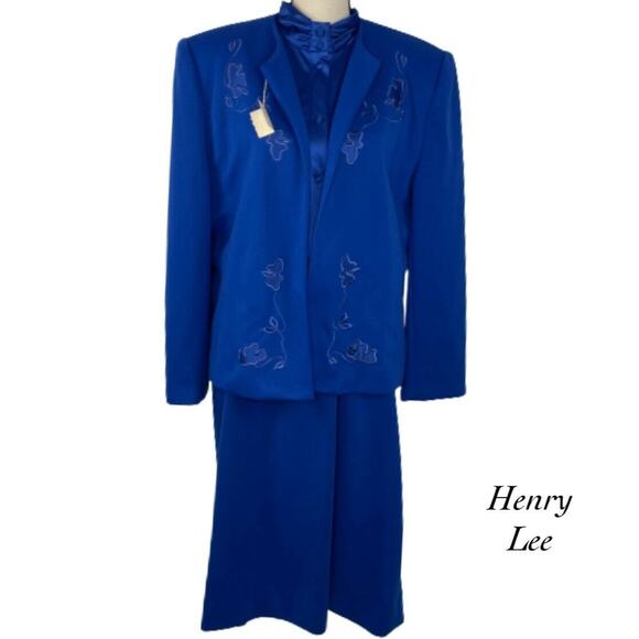Vintage Henry Lee Blue Blouse/Skirt with Embroidered Jacket Set NWT Size 18